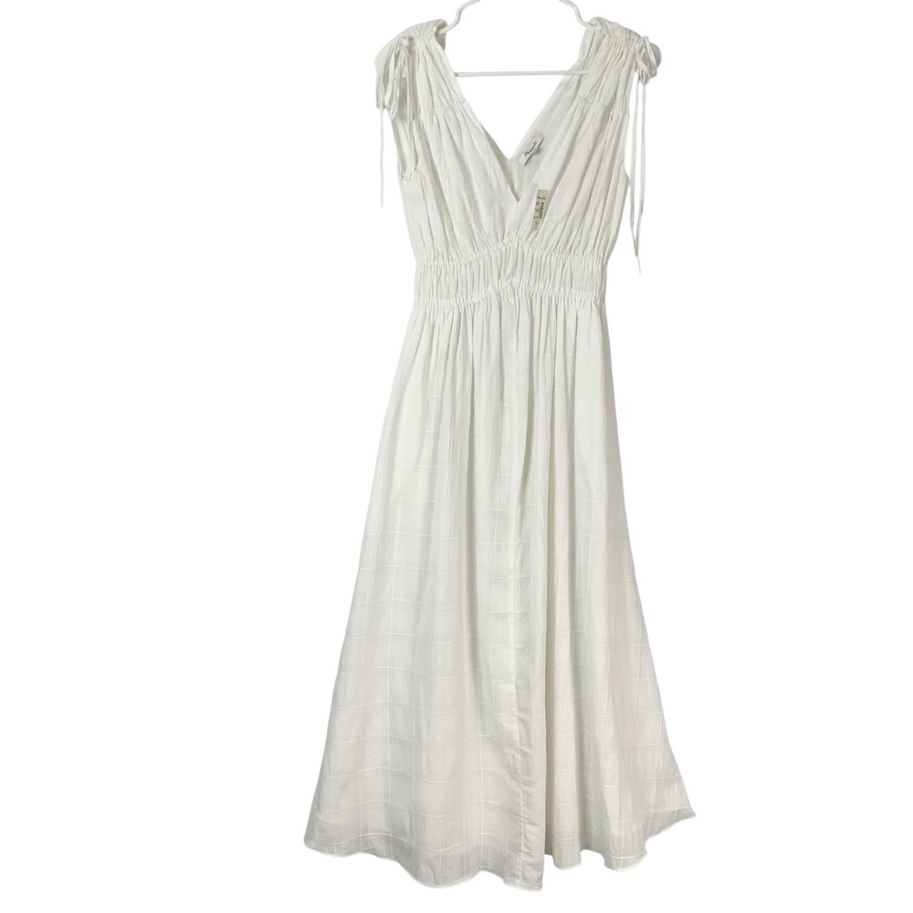 Madewell White Grid Midi A-Line Dress XS V-Neck Sleeveless Smocked Waist NEW